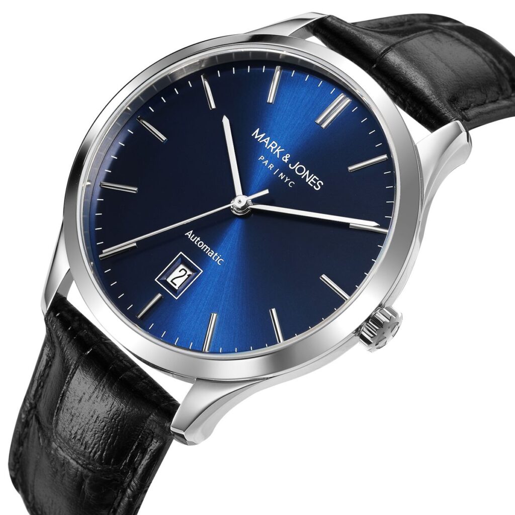 Automatic watch with blue sunray dial and black leather strap