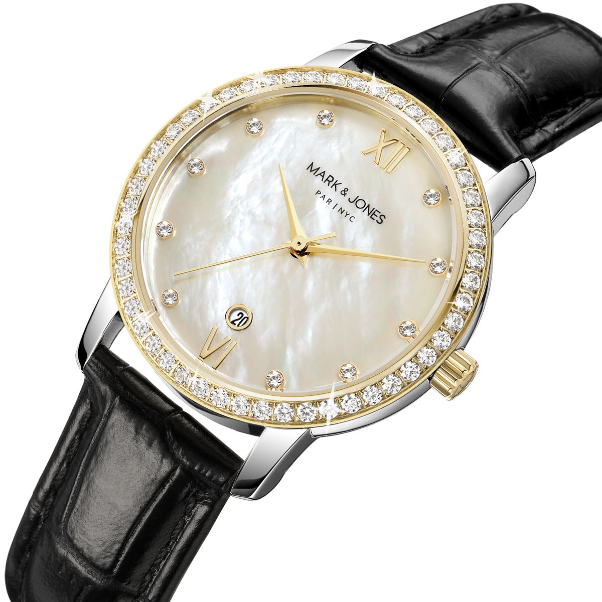 Watch with mother-of-pearl dial and crystal-set gold bezel