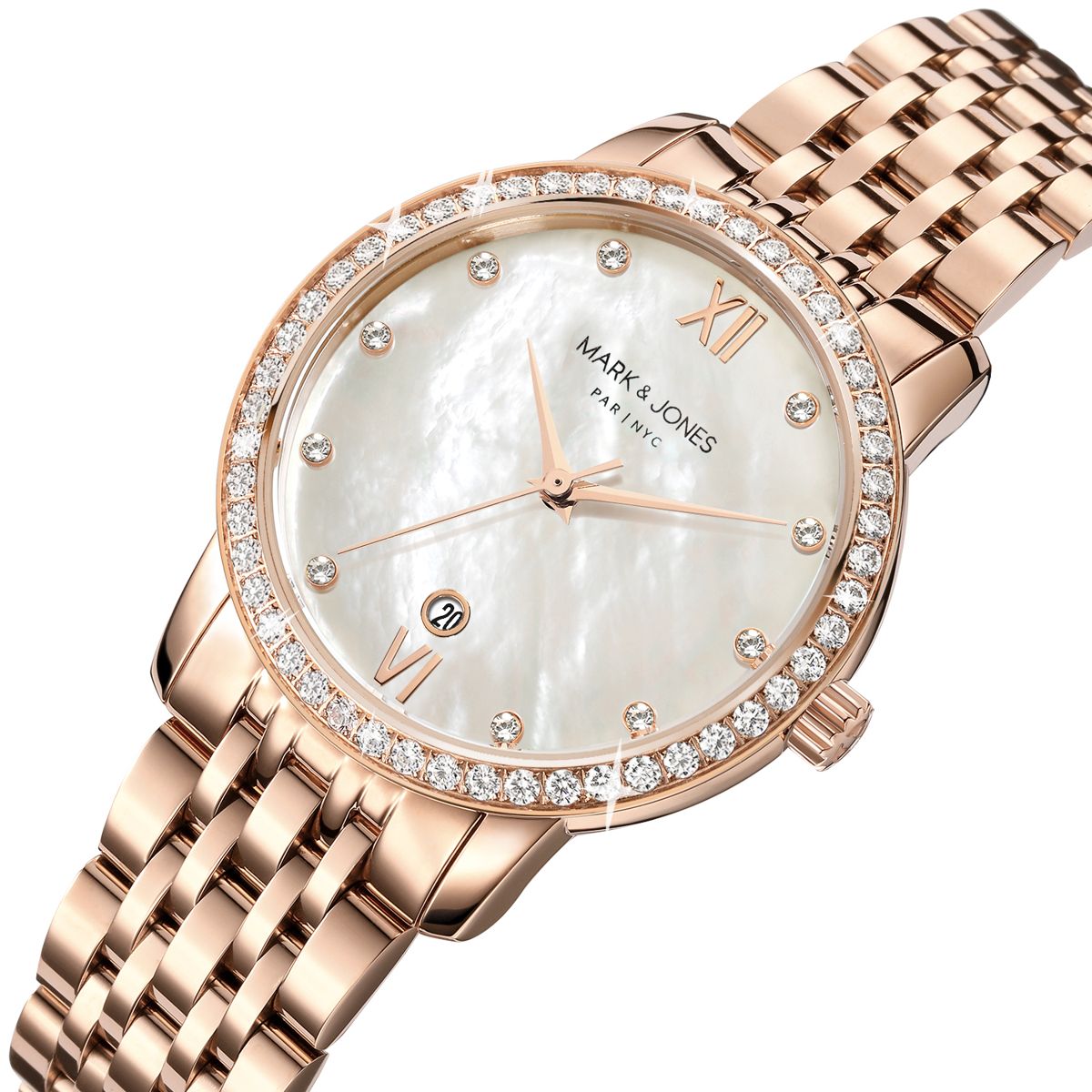 Rose gold watch with mother-of-pearl dial and crystal-set bezel